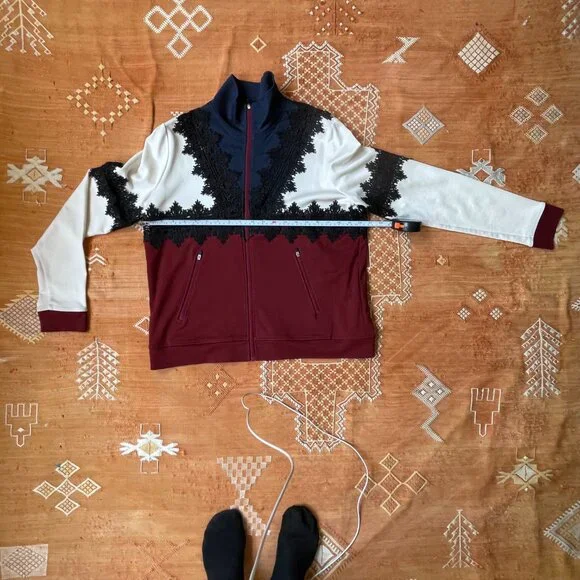 GANNI Colorblock Lace Zip-Up Jacket – Burgundy, Navy & Cream - size small - Picture 3 of 5